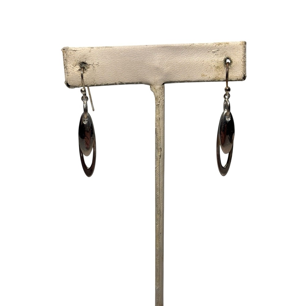 Vintage Sterling Silver 925 Double Long Oval Sleek Pierced Dangle Earrings